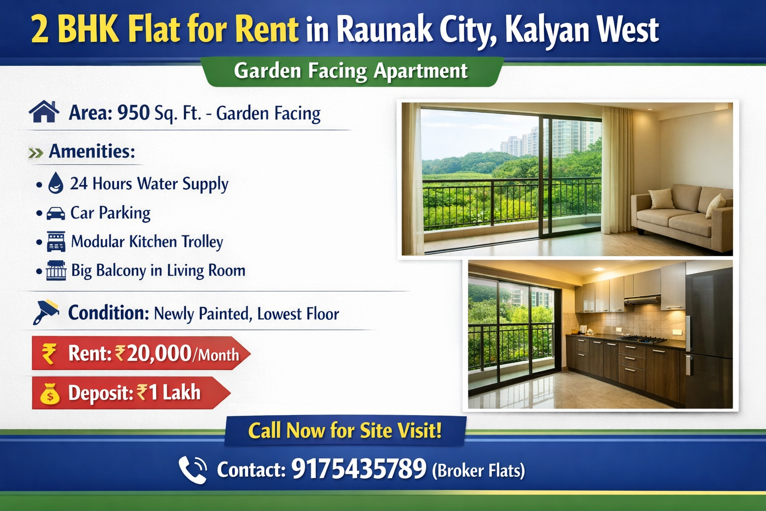 2 BHK Flat for Rent in Raunak City Kalyan West | Broker Flats